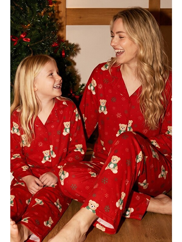 Siyah İnci Kırmızı Yılbaşı Temalı Desenli Termal Kumaşlı Ultra Soft Yumuşak Düğmeli Örme Pijama Takımı