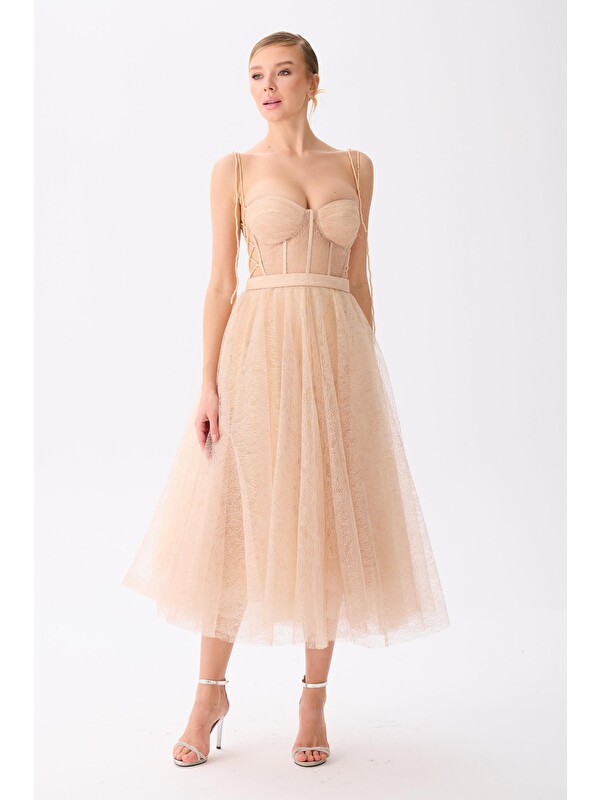 CARMEN Gold Midi Dantelli Abiye Elbise