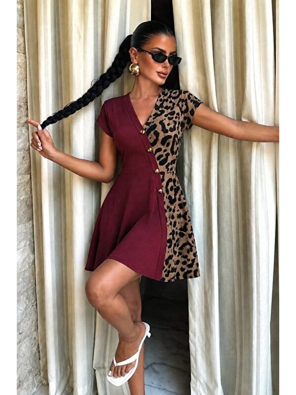 Jane's Kadın Kısa Kollu V Yakalı Bir Yanı Leopar Detaylı Kısa Viskon Elbise