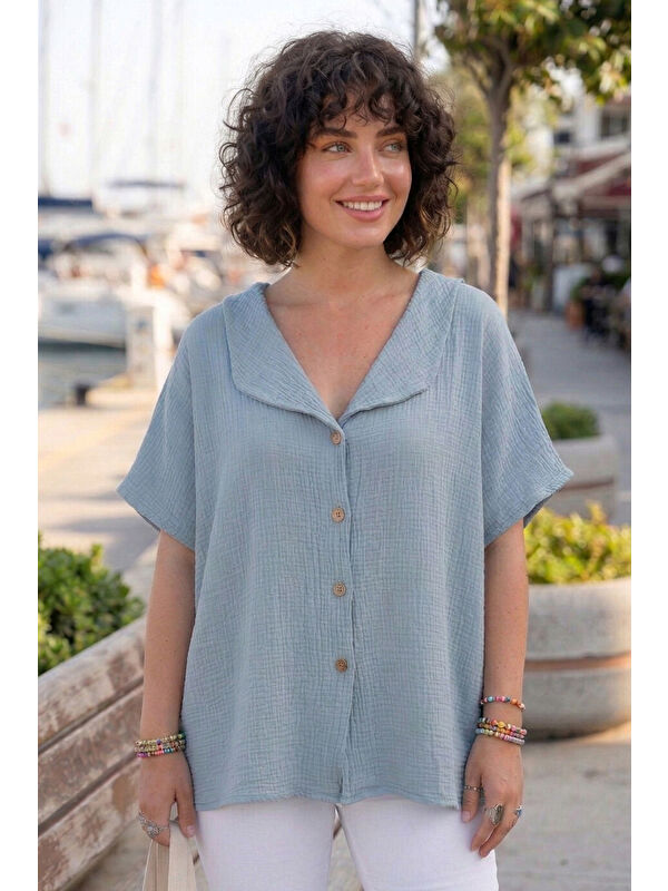 Chiccy Açık Mavi Bebe Yaka Düşük Kol Düğmeli Casual Müslin Oversize Dokuma Bluz 70 65