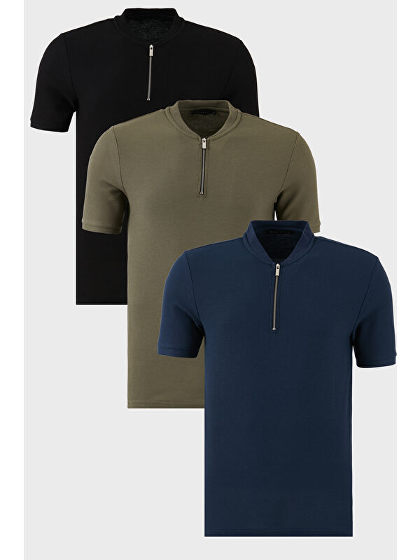 Buratti Pamuklu Regular Fit Yarım Fermuarlı Kolej Yaka 3'lü Paket Tişört 5902653S3