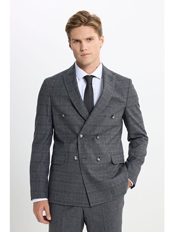 Altınyıldız Classics Erkek Antrasit Slim Fit Dar Kesim Kırlangıç Yaka Kareli Kapak Cepli Esnek Takım Elbise