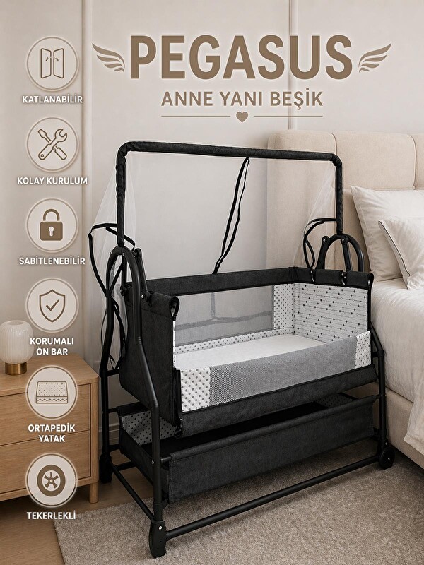 KUJJU Pegasus Anne Yanı Katlanır Bebek Beşiği 50x90 Cm - Gri