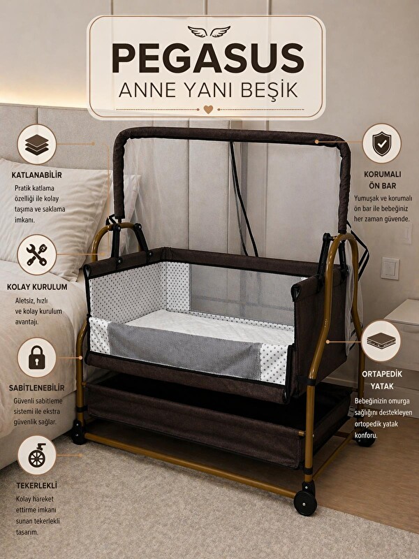 KUJJU Pegasus Anne Yanı Katlanır Bebek Beşiği 50x90 Cm - Kahverengi