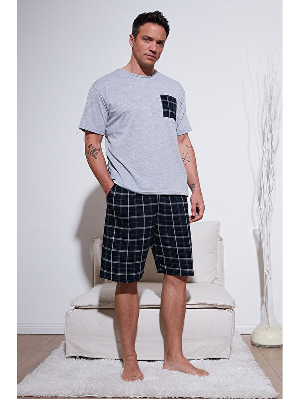 Buratti Kareli Regular Fit Pamuklu Bisiklet Yaka Kısa Kollu %100 Pamuk Şortlu Pijama Takımıı 6572020