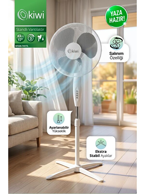Kiwi KFAN-7417L Standlı Vantilatör | 3 Kademe & Salınım & 70 cm Stabil Taban BEYAZ