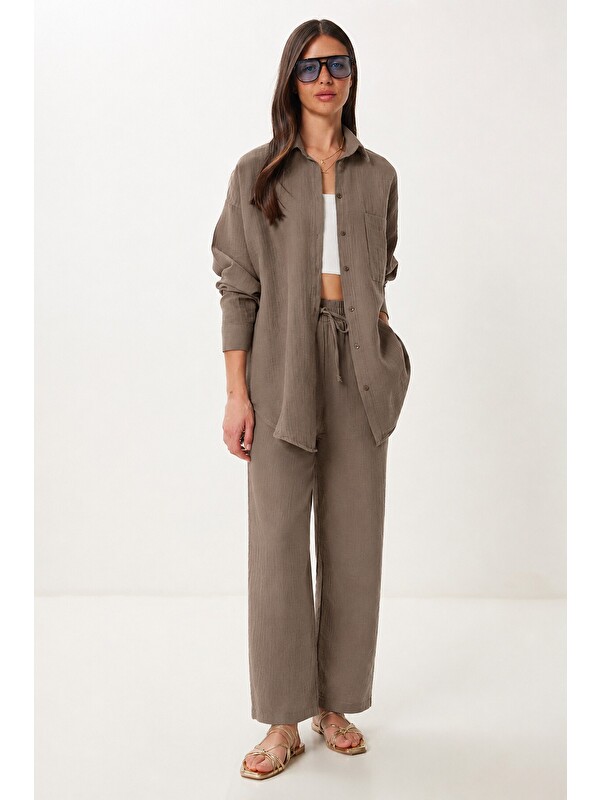 Happiness İstanbul Oversize Müslin Gömlek Pantolon Takım VİZON LSA0014