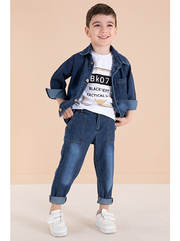 Cansın Mini Lacivert Düğmeli Jean Ceketli Pantolonlu Erkek Çocuk 3'lü Takım 20012