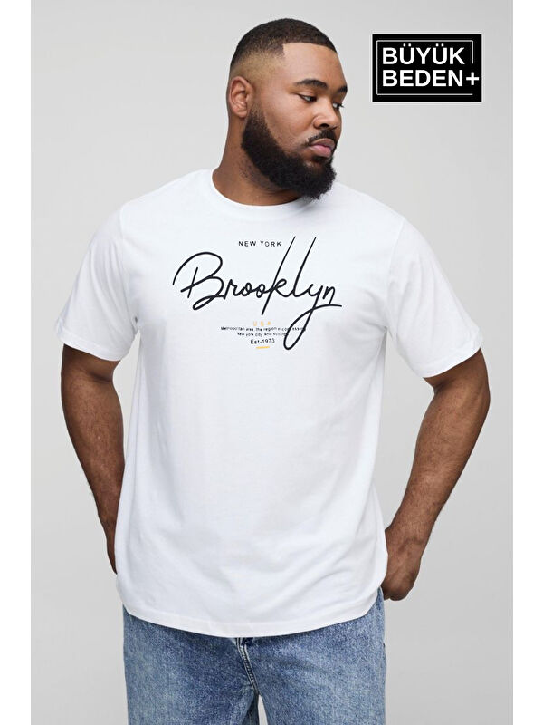 Süperlife El Yazılı Brooklyn Baskılı Bisiklet Yaka Büyük Beden Tişört SPR25BTS12