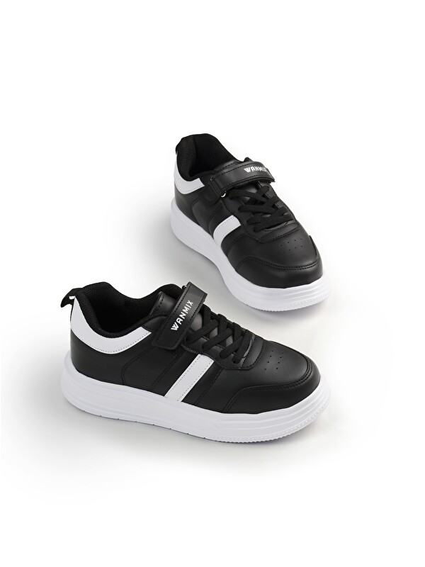 TONNY BLACK Çocuk Unisex Siyah Beyaz Rahat Kalıp Yanı Cizgili Cırtlı Sneaker