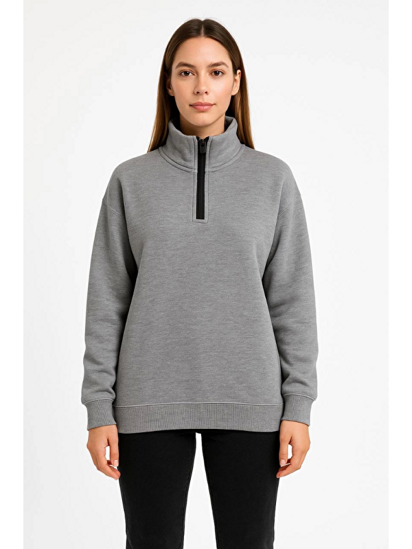Jane's Üç İplik Dık Yaka Yarım Fermuarlı SweatShirt - Gri