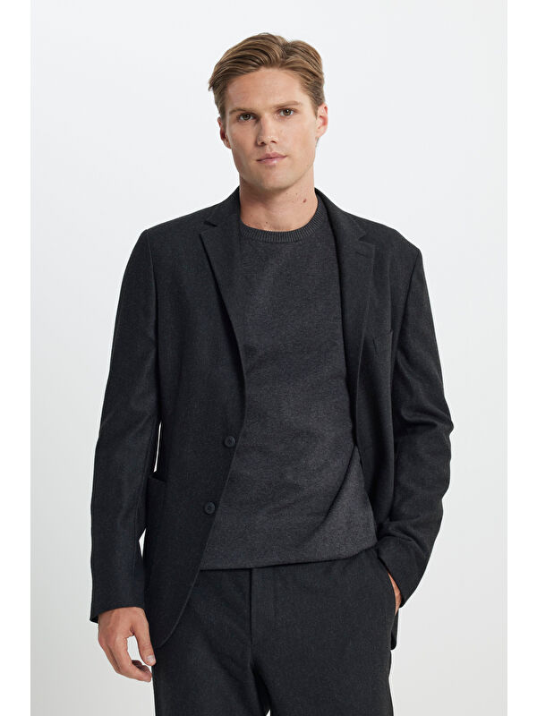 Altınyıldız Classics Erkek Antrasit Yünlü Slim Fit Dar Kesim Mono Yaka Beli Bağlamalı Diagonal Desenli Takım Elbise