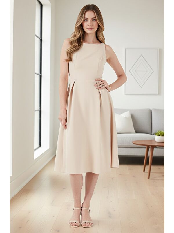 Lela Regular Fit Bisiklet Yaka Cepli Pileli Midi Boy Kadın Elbise 6111963
