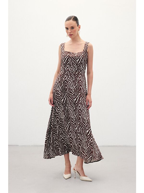 SATEEN Kare Yaka Zebra Desenli Elbise - Kahve