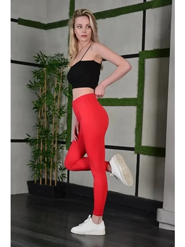 Jane's Full Elastan Extra Toparlayıcı Yüksek Bel Dar Kalıp Günlük Spor Tayt - Kırmızı