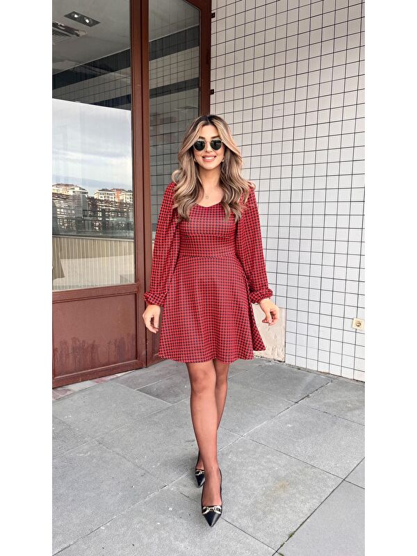 Jane's Kadın Uzun Kollu Kare Kalp Yakalı Mini Modal Elbise