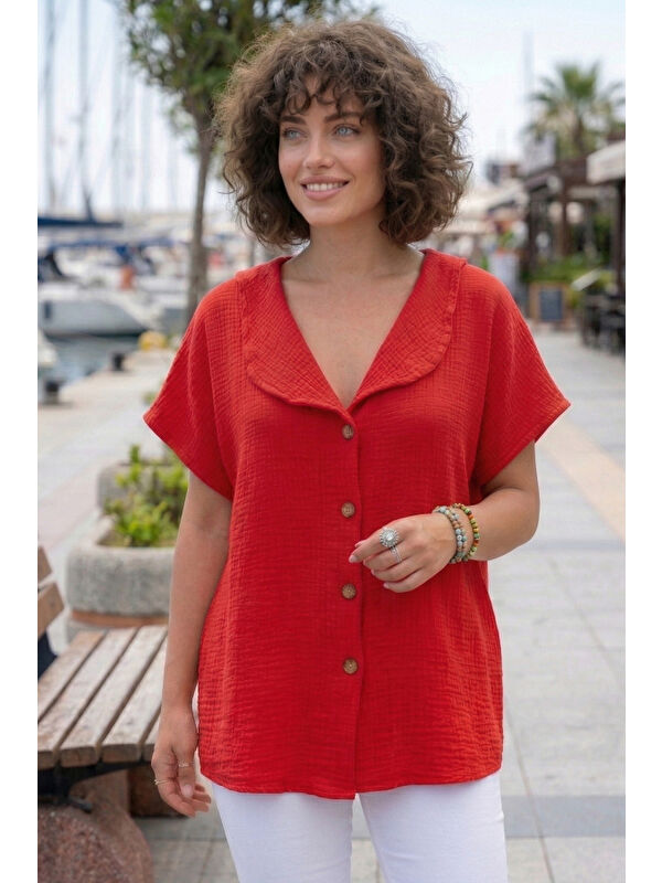 Chiccy Kırmızı Bebe Yaka Düşük Kol Düğmeli Casual Müslin Oversize Dokuma Bluz 70 65