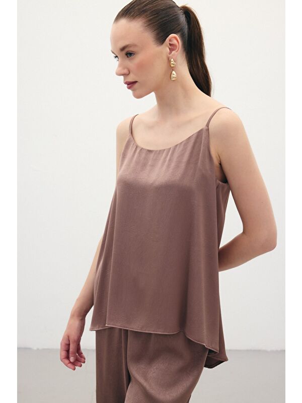 SATEEN Askılı Saten Bluz - Kahve