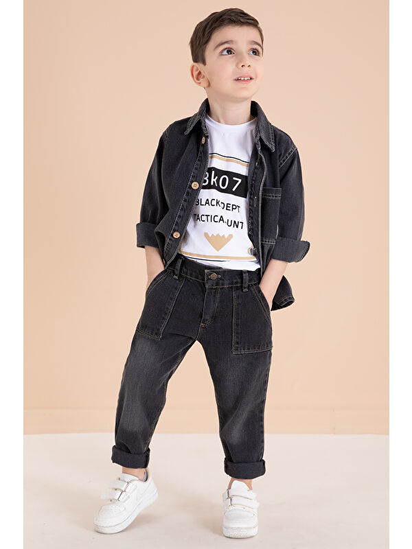 Cansın Mini Füme Düğmeli Jean Ceketli Pantolonlu Erkek Çocuk 3lü Takım 20010