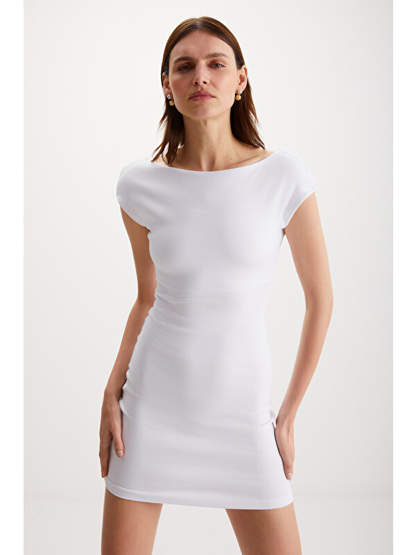 ETHIQUET ARCENE Kadın Organik Pamuklu Elastanlı Vücüdu saran Bodycon Tek Parça BEYAZ Elbise