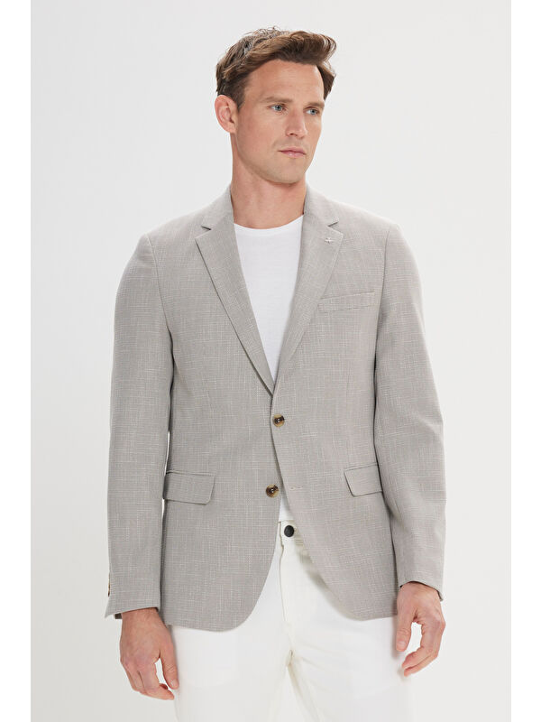 AC&Co / Altınyıldız Classics Erkek Bej-Siyah Regular Fit Mono Yaka Ceket