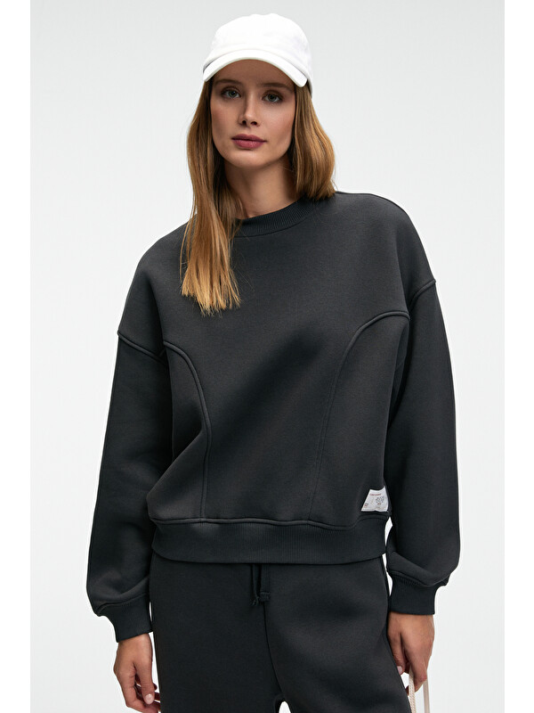 GRIMELANGE SERENYA Kadın Pamuklu Etiket Detaylı Bisiklet Yaka ANTRASİT Sweatshirt