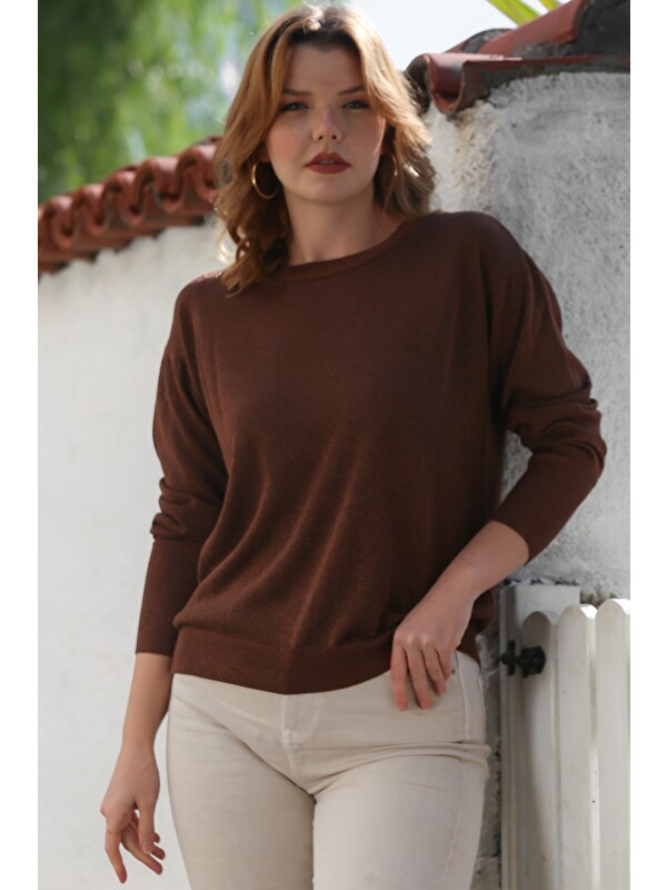 Chiccy Kahverengi Yuvarlak Yaka Uzun Kol İnce Simli Triko Kazak 65 62