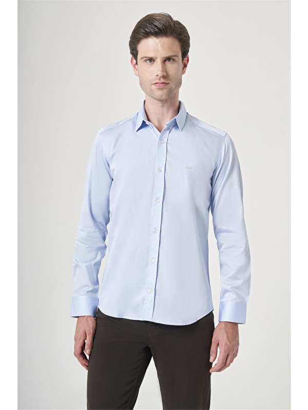 İMZA Mavi Sert Yaka Uzun Kol Cepsiz Saten Slim Fit %100 Pamuk Gömlek 1004260424