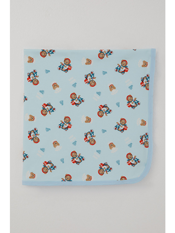 Breeze Yenidoğan Bebek Battaniyesi Pizza Kuryecisi Sevimli Ayıcık Desenli Bebe Mavisi (77 X 87 Cm)