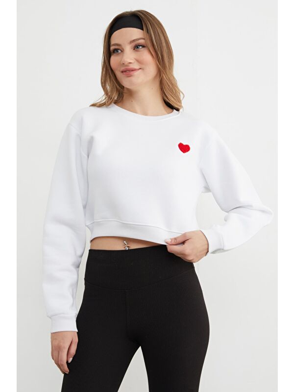 Fullamoda 3 İplik Kalp Nakışlı Crop Sweatshirt