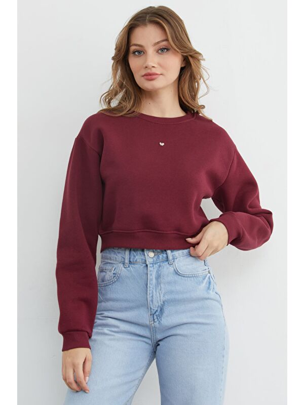 Fullamoda 3 İplik Kalp Aksesuarlı Crop Sweatshirt