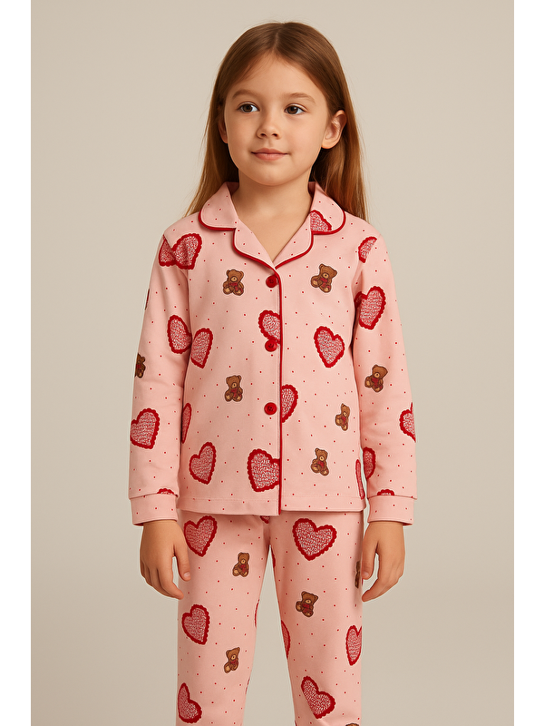 Katia And Bony Kız Çocuk Kalpli Teddy Desenli Pijama Takımı Pembe