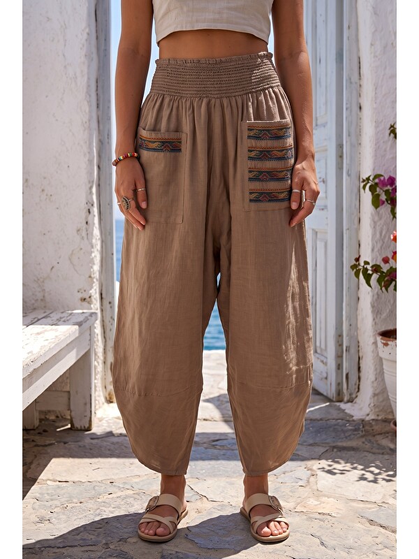 Chiccy Camel Nakışlı Cepli Lastikli Bel Şalvar Paça Casual Keten Görünümlü Dokuma Pantolon 90 68