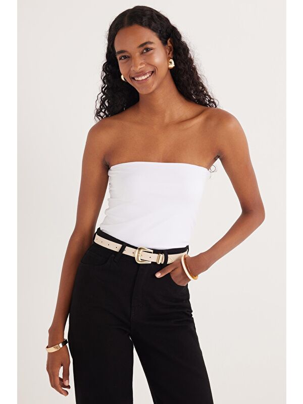 TUDORS Kadın Slim Fit Dar Kesim Straplez Beyaz Body