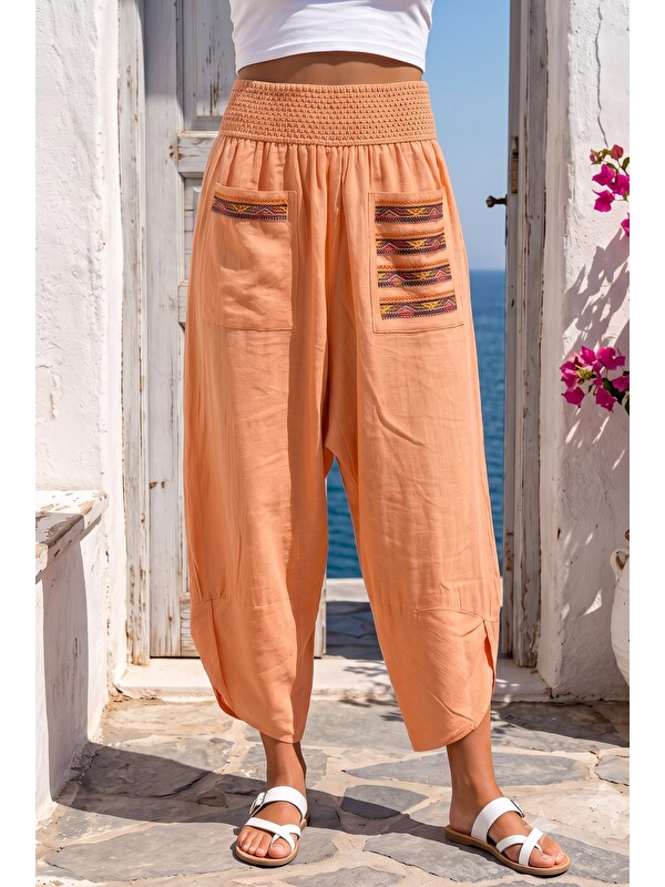 Chiccy Somon Rengi Nakışlı Cepli Lastikli Bel Şalvar Paça Casual Keten Görünümlü Dokuma Pantolon 90 68