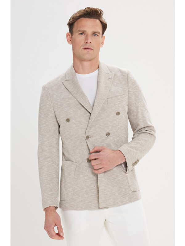 AC&Co / Altınyıldız Classics Erkek Bej Dar Kesim Kırlangıç Yaka Pamuklu Desenli Blazer Ceket