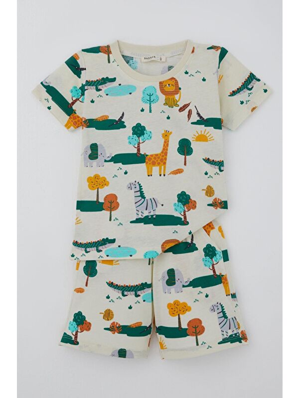 Breeze Erkek Çocuk Şortlu Pijama Takımı Safari Temalı Sevimli Hayvancıklar Desenli Sarı (1.5-5 Yaş)