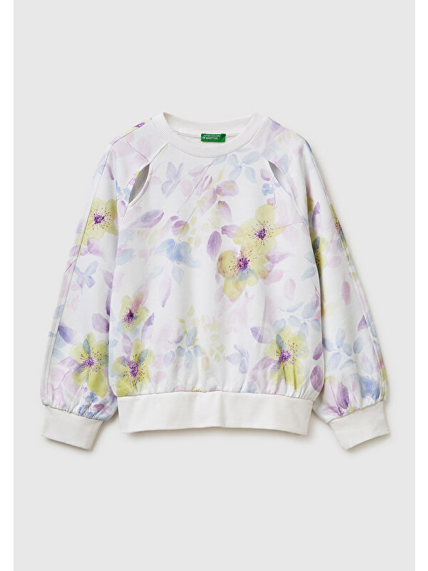 United Colors Of Benetton Kız Çocuk Ekru Önü Kesik Detaylı Baskılı Yuvarlak Yaka Sweatshirt