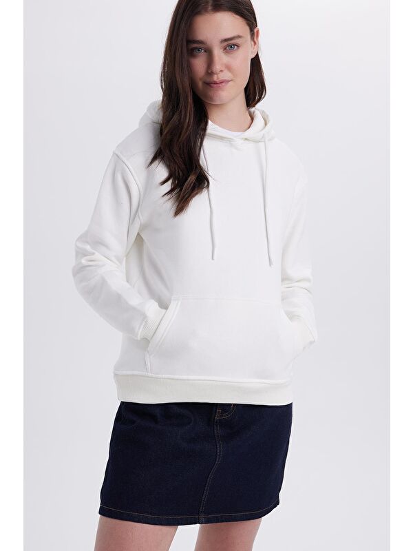 TUDORS Kadın Relax Fit Rahat Kesim Pamuklu Kapüşonlu Kanguru Cepli Ekru Sweatshirt