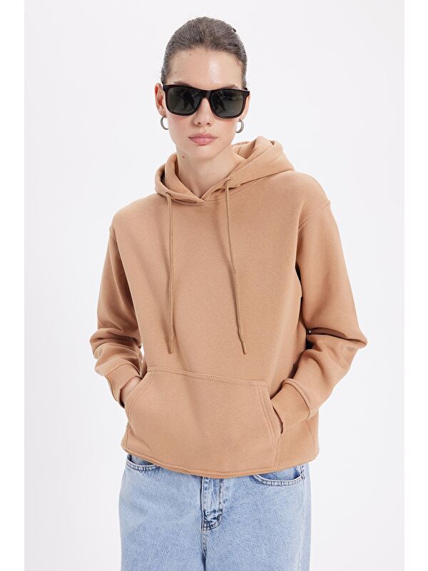 TUDORS Kadın Relax Fit Rahat Kesim Pamuklu Kapüşonlu Kanguru Cepli Vizon Sweatshirt