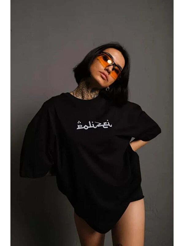 Jane's Bisiklet Yakalı Sırt Baskılı Oversize T-Shirt - Siyah