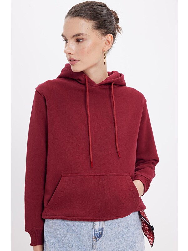 TUDORS Kadın Relax Fit Rahat Kesim Pamuklu Kapüşonlu Kanguru Cepli Bordo Sweatshirt