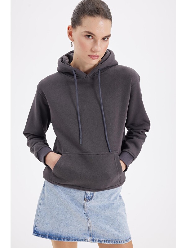 TUDORS Kadın Relax Fit Rahat Kesim Pamuklu Kapüşonlu Kanguru Cepli Füme Sweatshirt