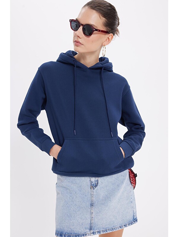 TUDORS Kadın Relax Fit Rahat Kesim Pamuklu Kapüşonlu Kanguru Cepli Lacivert Sweatshirt