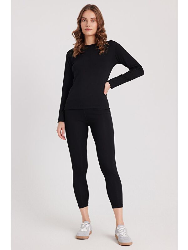 TUDORS Kadın Slim Fit Dar Kesim Bisiklet Yaka Siyah Termal Alt Üst Takım