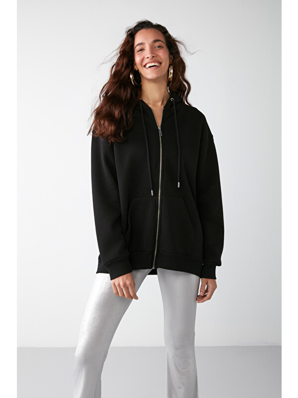 GRIMELANGE Alena Kadın Oversize Organik Pamuklu Metal Fermuarlı Kapüşonlu İçi Polarlı SİYAH Sweatshirt