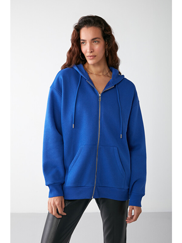 GRIMELANGE Alena Kadın Oversize Organik Pamuklu Metal Fermuarlı Kapüşonlu İçi Polarlı SAKS Sweatshirt
