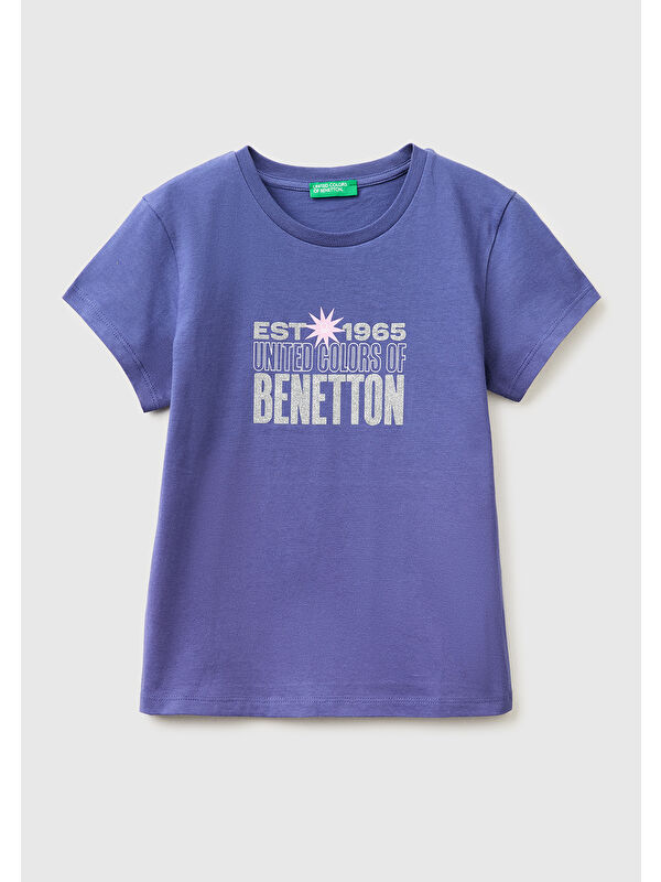 United Colors Of Benetton Kız Çocuk Koyu Lacivert Simli Logolu Bisiklet Yaka T-Shirt