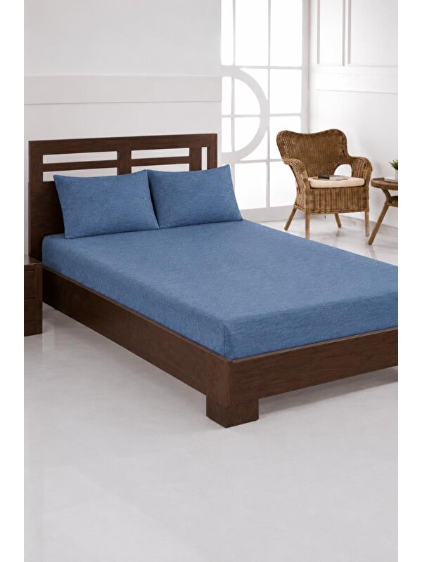 Çeyiz Diyarı Penye Çift Kişilik 180x200 cm Lastikli Çarşaf İndigo