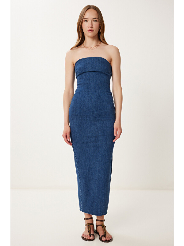 Happiness İstanbul Straplez Midi Denim Elbise KOYU MAVİ LYZ0002